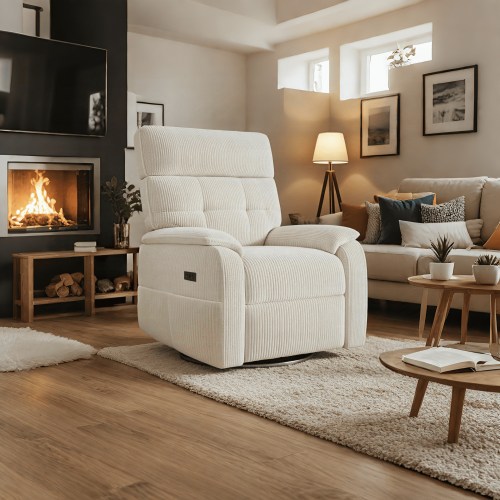 INNOVAR Recliner Sofa for Adults, Power Swivel Reclining Chair, Oversized Electric Recliners Elderly Rocker Chair W/Storage Pockets, USB and Type-C Ports for Home Living Room,Corduroy,White