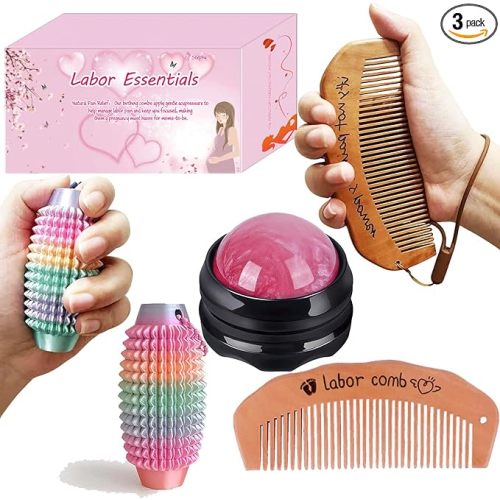 STEPHY Labor Comb Kit with Massage Roller Ball and Pain Fidget, Wooden Birth Support Tools for Expectant Mothers, Pregnancy Essentials (Wood)