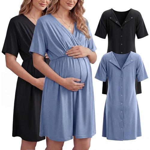 Cutecrop 2 Pack Labor and Delivery Gown for Hospital Maternity Nursing Short Sleeve Gown Button Back Birth Recovery Sleepwear
