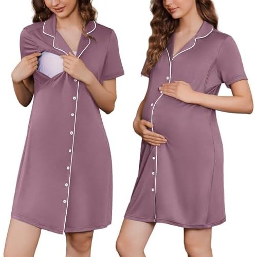 Ekouaer Button Down Nursing Nightgown V Neck Breastfeeding Dress Short Sleeve Classic Maternity Pajamas