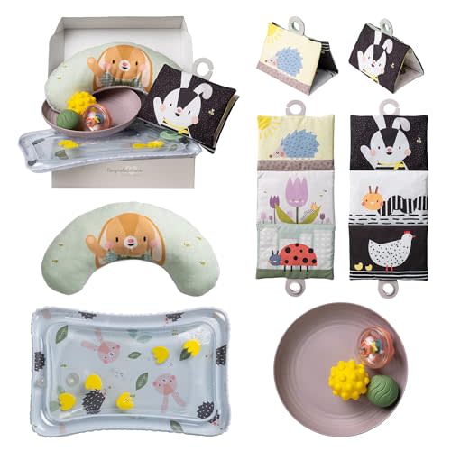 Taf Toys Baby Tummy Time Kit High Contrast Black and White Crinkle Book, Tummy Time Support Cushion, Baby Activity Water Mat, Sensory Balls, Plate - Newborn Infant Sensory Toy Set 0 Month. Gift Set