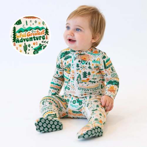 Bamboo Footie Zipper Baby Pajama - Wanderlust Camping Hiking Bamboo Onesie Sleeper - Life's Greatest Adventure Affirmation – Raising Mama