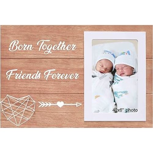 Twin Baby Gifts from New Mom Dad Couple Wooden Handmade Picture Frame for 6"x 4" Photo Nursery Wall Decor Newborn Shower Presents New Twin Baby Gifts Born Together Friends Forever