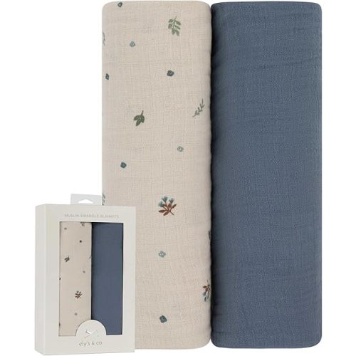 Ely's & Co. Muslin Swaddle Blanket 2-Pack — 100% Cotton Muslin Extra-Large Swaddle Blankets (47” x 47”) Solid + Printed (Blue Garden Flower)