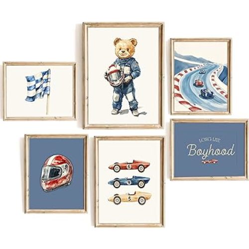 Nursery Race Car Wall Art Boys Room Canvas Wall Decor Vintage Nursery Prints Teddy Bear Poster Race Car Pictures Baby Boy Toddler Painting Artwork for Kids Bedroom Playroom 12x16 Inch Unframed 6Pcs