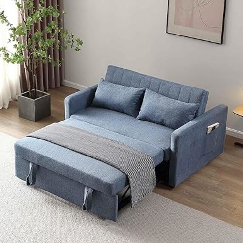 55.5" Fabric Convertible Sofa Bed, Pull Out Sleeper Sofa Bed, Loveseat Couch with Side Pocket, 3 in 1 Convertible Sleeper Sofa Bed for Living Room, Apartment, Bedroom, RV, Blue