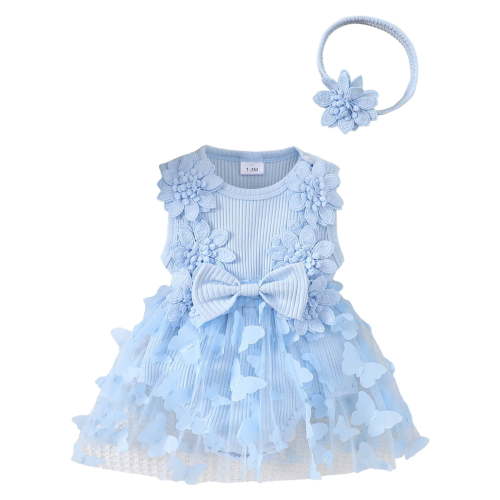 Staki Baby Girl Dress Summer Baby Girl Clothes Infant Summer Romper Dress Sleeveless Bodysuit Jumpsuit with Headband Toddler Outfits 1-18M(Blue,9-12 Months)