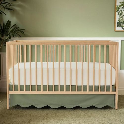 Brandream Scallop Edge Cotton Crib Skirt Toddler Bedskirt Baby Nursery Crib Bed Skirt Boho Bohemian Neutral Solid Color Vintage Sage Green Farmhouse Chic Boho Bohemian Skirt