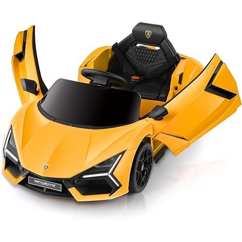ELEMARA Lamborghini Kids Car with Scissor Door, Ride On Toys with Remote Control, 12v Kids Electric Car with Bluetooth, LED Light, MP3 Player and Wide Seat, Lemon Yellow