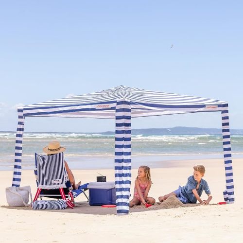 CoolCabana Beach Shade Tent - Easy Setup, UPF 50+ Protection, Large & Medium Sizes, Compact & Wind Resistant - Beach Cabana for The Whole Family - Navy Stripes, Medium