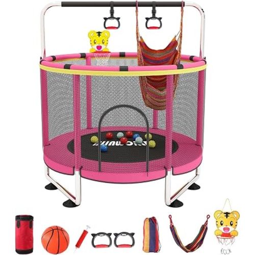 Trampoline for Kids, 55 Inch Adjustable Baby Toddler Trampoline with Basketball Hoop, 440lbs Indoor Outdoor Toddler with Enclosure (Blue)