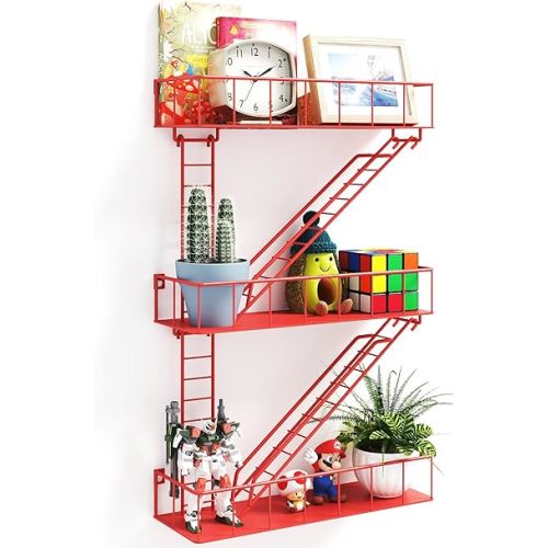 Red Metal Fire Escape Wall Shelf, Unique Decorative Shelves for Wall, New York Shelf Ladder Storage, Funky Knick Knack Shelf Organizer, Industrial Wall Shelves for Bathroom, Living Room