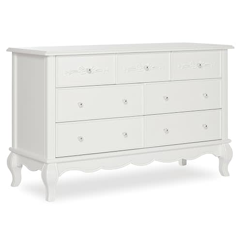 évolur Aurora 7-Drawer Double Dresser, Assembled Baby Dresser with Crystal Knobs, Queen Anne Feet & Spacious Storage for Nursery Essentials in Frost White