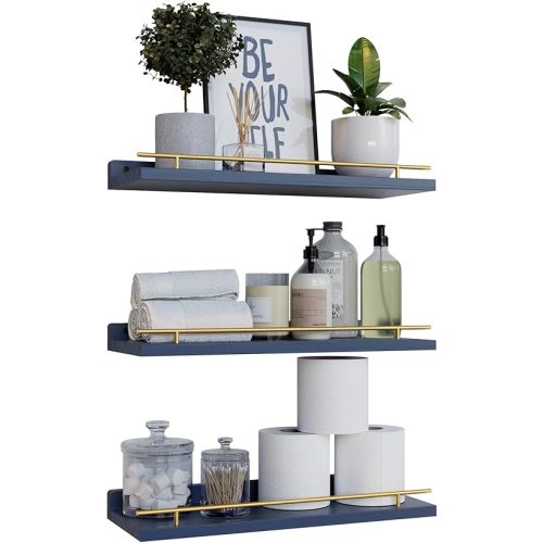 WOPITUES Floating Shelves with Gold Metal Guardrail, Shelves for Wall Decor Set of 3, Wall Shelves for Bedroom, Bathroom, Kitchen, Living Room, Plants, Picture Frames, Art- Gold in Navy Blue