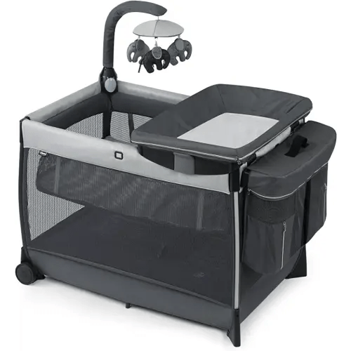 Chicco Lullaby Zip All-in-One Portable Playard, Infant Bassinet and Changer, Electronic Toy Bar, Toddler Playard, Travel Friendly | Driftwood/Grey