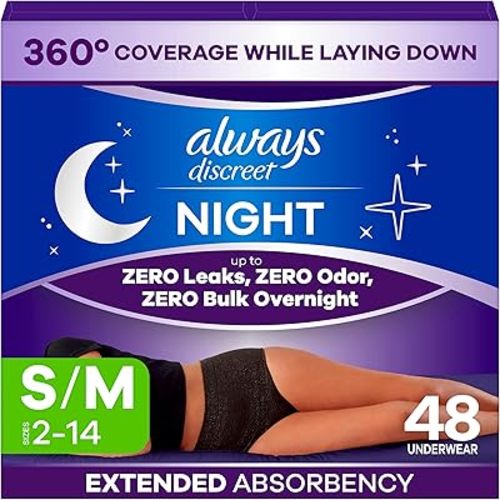 Always Discreet Night, Reimagined Adult Diapers for Women, Extended Overnight Absorbency Incontinence and Postpartum Underwear Size S/M, 360 Degree Coverage While Laying Down, 48 Count​