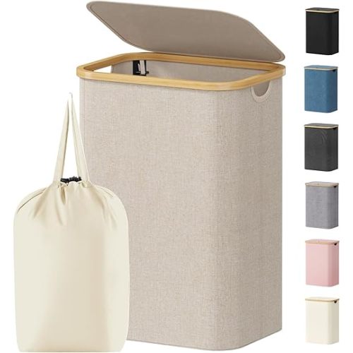 Lifewit 80L Laundry Basket with Lid, Clothes Hampers for Laundry with Bamboo Handles and 1 Removable Bag, Large Foldable Laundry Hamper for Bedroom, Bathroom, Dorm, Laundry Room, Beige