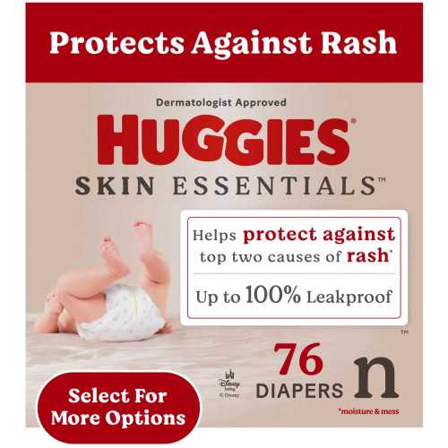 Huggies Skin Essentials Sensitive Skin Baby Diapers, Size Newborn (6-9 lbs), 76 Ct (Select for More)