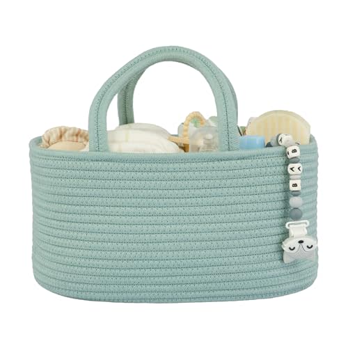 Diaper Caddy Organizer for Baby Cotton Rope Nursery Storage Bin Basket Portable Holder Tote Bag for Changing Table Car Travel Baby Shower Gifts Newborn Essentials Registry Must Haves Light Green