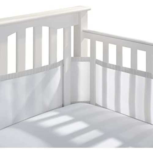 BreathableBaby Breathable Mesh Liner for Full-Size Cribs, Classic 3mm Mesh, Gray Seersucker (Size 4FS Covers 3 or 4 Sides)
