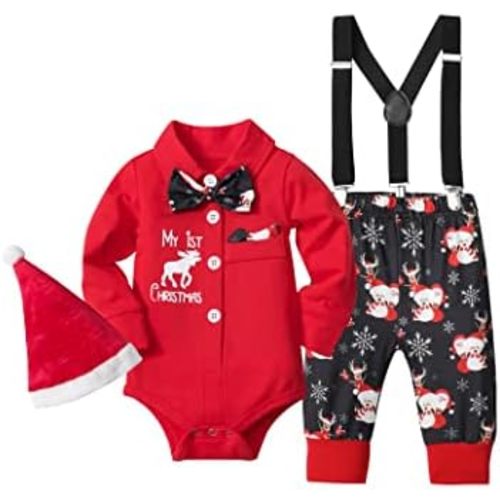 Baby Boy Christmas Outfit My First Christmas Infant Gentleman Romper with Bow Tie Suspender Pants Hat 3PCS Set