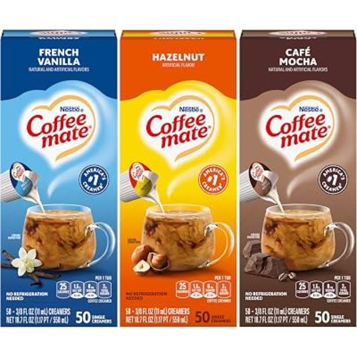 Nestle Coffee mate Liquid Coffee Creamer Singles Variety, 1 of each French Vanilla, Hazelnut, Cafe Mocha, 50 Ct Box