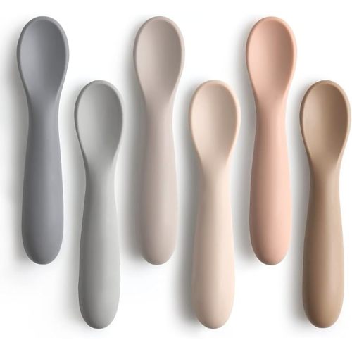 6 Pack Baby Spoons, Shorter Length for Self Feeding, First Stage Spoons, Food Grade Silicone, 6+ Months, Baby Training Spoons, Dishwasher Safe & Boil-proof