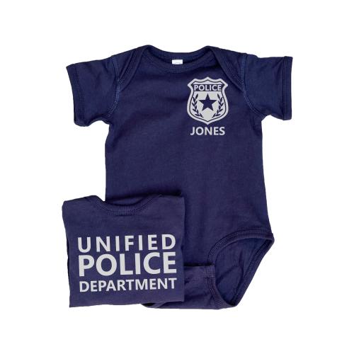 Baby Police Bodysuit with Badge and Personalized Name - Optional Police Department on Back