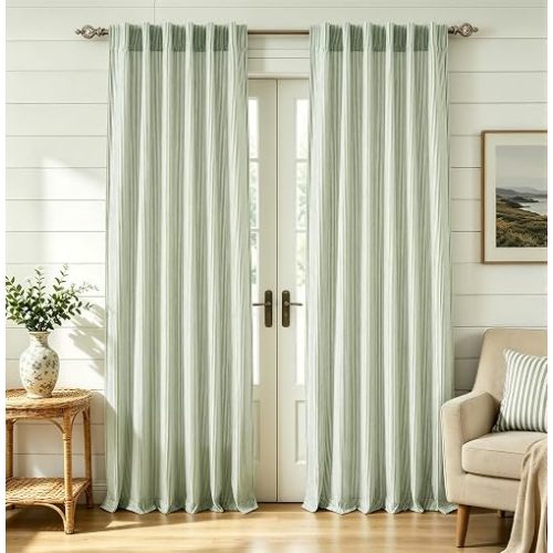 DriftAway 100% Blackout Linen Ticking Striped Curtains Double Layer Farmhouse Drapes 96 Inches Long for Living Room Bedroom Yarn Dyed Woven Thermal Insulated Rod Pocket Back Tab 2 Panels Loden Green