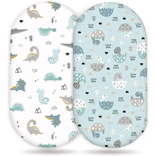 GRSSDER Stretchy Ultra Soft Fitted Bassinet Sheet Set 2 Pack, Universal Fit for Bassinets Baby Cradle Moses Basket Oval Rectangle Pad/Mattress, Happy Dinosaurs Bassinet Sheets for Girls and Boys