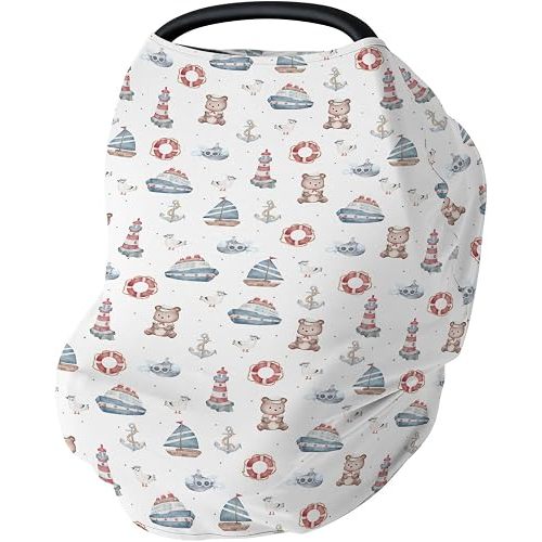 Sailor Bear Watercolor Baby Car Seat Covers Bear Lighthouse Anchors Boats Stretchy 5-in-1 Cover Adjustable Infant Carseat Cover Canopy Coastal Nautical Breathable Nursing Cover-Up