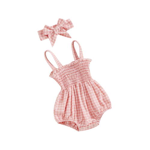 BemeyourBBs Newborn Baby Girls Summer Clothes Smocked Outfits Infant Plaid Gingham Bubble Romper Sleeveless Strap Bodysuit with Headband Set