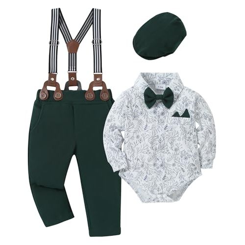 YALLET Baby Boy Clothes Set Infant Tuxedo Long Sleeve Gentleman Suit Outfits + Beret Hat + Suspender Pants + Bowtie 0-18M