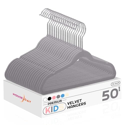 HOUSE DAY 14 Inch Kids Velvet Hangers 50 Pack, Durable Big Kid Hangers for Youth, Teen, Non Slip Kids Felt Hanger, Cute Childrens Hanger for Closet, Grey