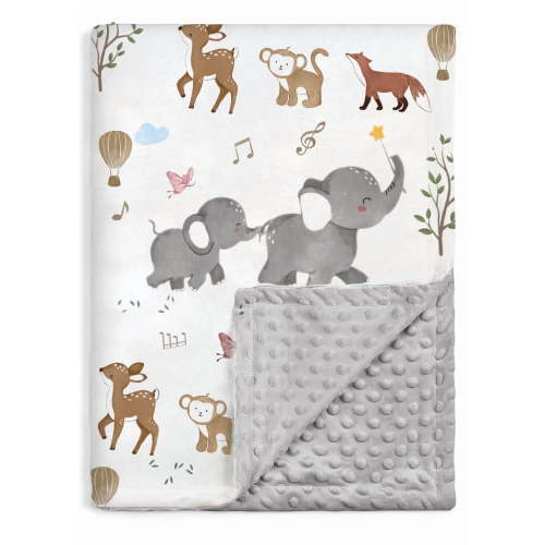BOPRIO Baby Blankets for Unisex Boys Girls, Super Soft Nursery Minky Blankets with Happy Animal Design and Dotted Fleece Backing, Printed Bed Throws Newborn