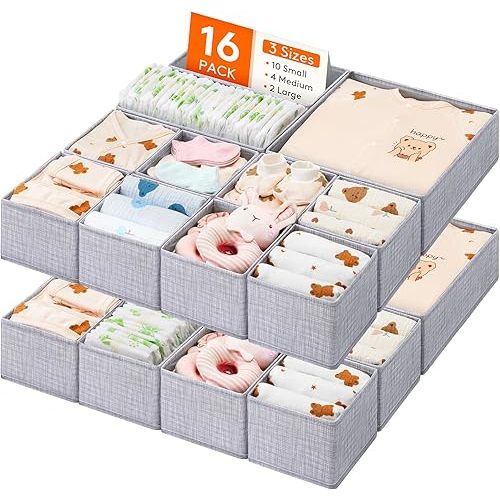 Lifewit Nursery Drawer Organizer for Clothes 16 Pack, Certified Child-safe Dresser Drawer Divider Storage Bins, Foldable Clothing Storage Basket for Baby Clothes/Underwear/Sock/Diaper in Closet