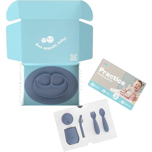 ezpz Kit 3: Practice Feeding Skills (Indigo) - Tools to Help Your Toddler Practice Scooping, Piercing, Straw Drinking, and Self-Feeding - Toddler Essentials & Gifts