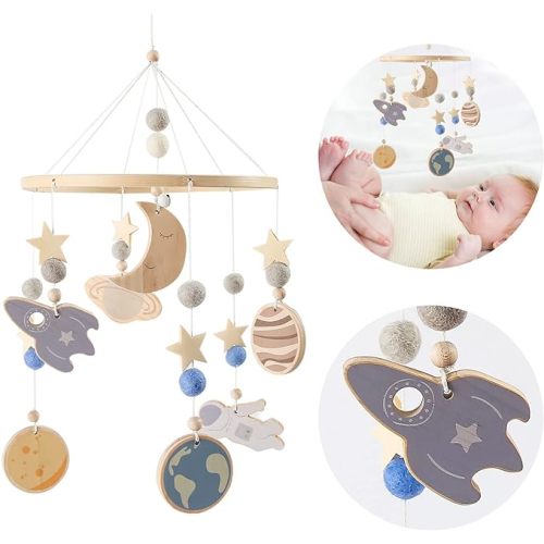 Baby Crib Mobile Wooden Wind Chime Bed Bell,Neutral Baby Crib Mobile,Baby Mobile for Crib,Handmade Baby Mobile,Space Baby Ceiling Mobile Baby Nursery Decoration Bed Bells