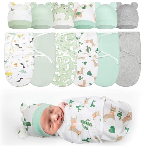 Ramede 6 Pack Preemie Swaddle Blanket with Hats Sleep Swaddle for Baby Boy Girl Preemie Newborn Sacks Soft Cotton Wearable(Alpaca,Green)