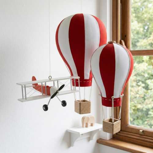 Hot Air Balloon & Wooden Airplane Hanging Decoration Burgundy Red White Nursery Set, Aviation Theme