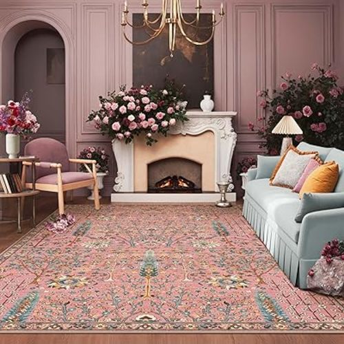 Kokia Boho Vintage Floral Botanical 9x12 Washable Rugs, Soft Non-Slip Rosette Pink Rugs for Girls Bedroom, Nursery, Living Room, Kids Playroom, Office