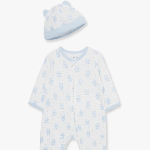 Little Me Baby Boys' 100% Cotton Scratch-Free Tag Footed One-Piece Romper and Hat Sleeper Set, Happy Bear, Newborn