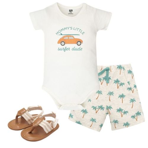 Hudson Baby Boy Cotton Bodysuit, Shorts and Shoe Set, Mommys Surfer Dude, 6-9 Months