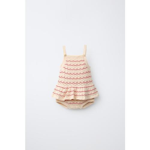 STRIPED POINTELLE KNIT ROMPER - Ecru / Red | ZARA United States
