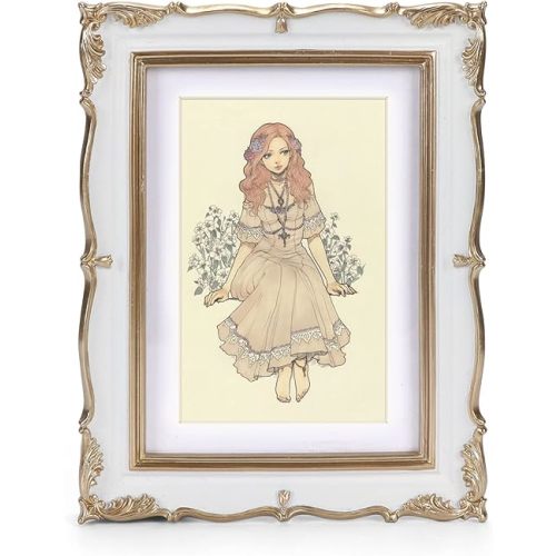 PHAREGE Vintage Picture Frame 5x7 White Gold, 5 by 7 Ornate Decorative Antique Frame with Mat for 4x6 Photo, Fancy Matted Frame for Desktop or Wall, Horizontal or Vertical