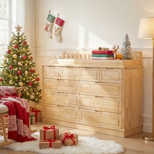 Solid Pine Wood Dresser with Changing Topper, 10-Drawer Nursery Dresser with Anti-Tipping Device Baby Changing Table