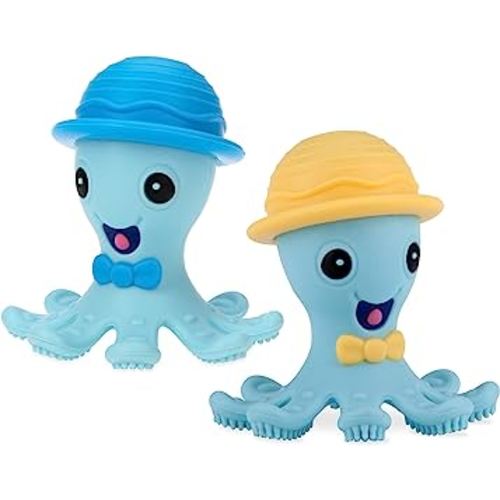 Nuby Silly Silicone Octopus Teethe with Soothing Massaging Bristles For Sore Gums, Yellow/Blue