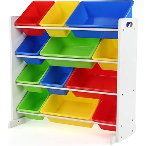 Humble Crew Toy Storage Organizer with 12 Removable Storage Bins for Kids Playroom, 4-Tier Toddler Toy Organization, White/Primary