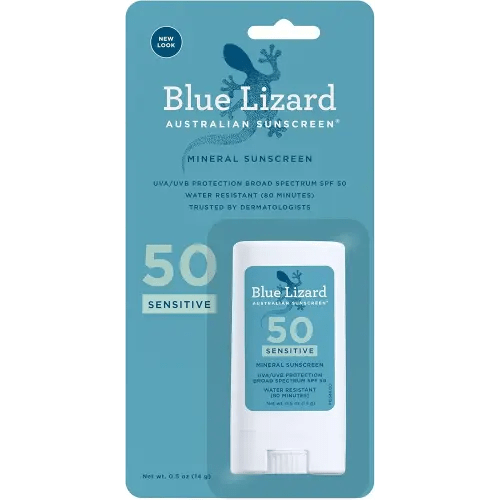 BLUE LIZARD Sensitive Mineral Sunscreen Stick with Zinc Oxide, SPF 50+, Water Resistant, UVA UVB Protection Easy to Apply, Fragrance Free, 0.5 Oz