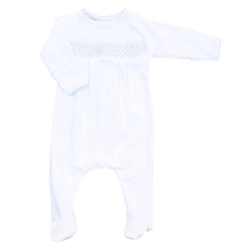 Magnolia Baby Boy Essentials Smocked White Footie with Blue Trim